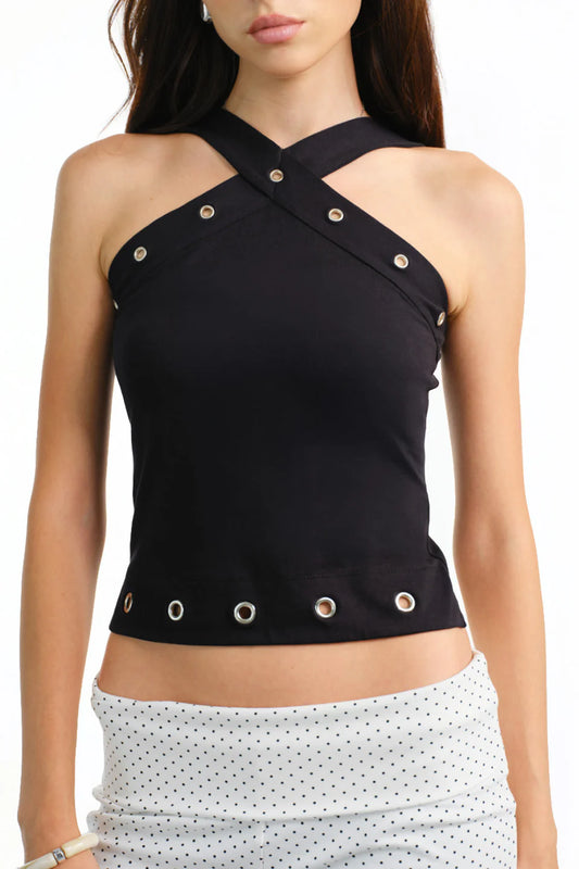 Black Cross Halter Neck Top